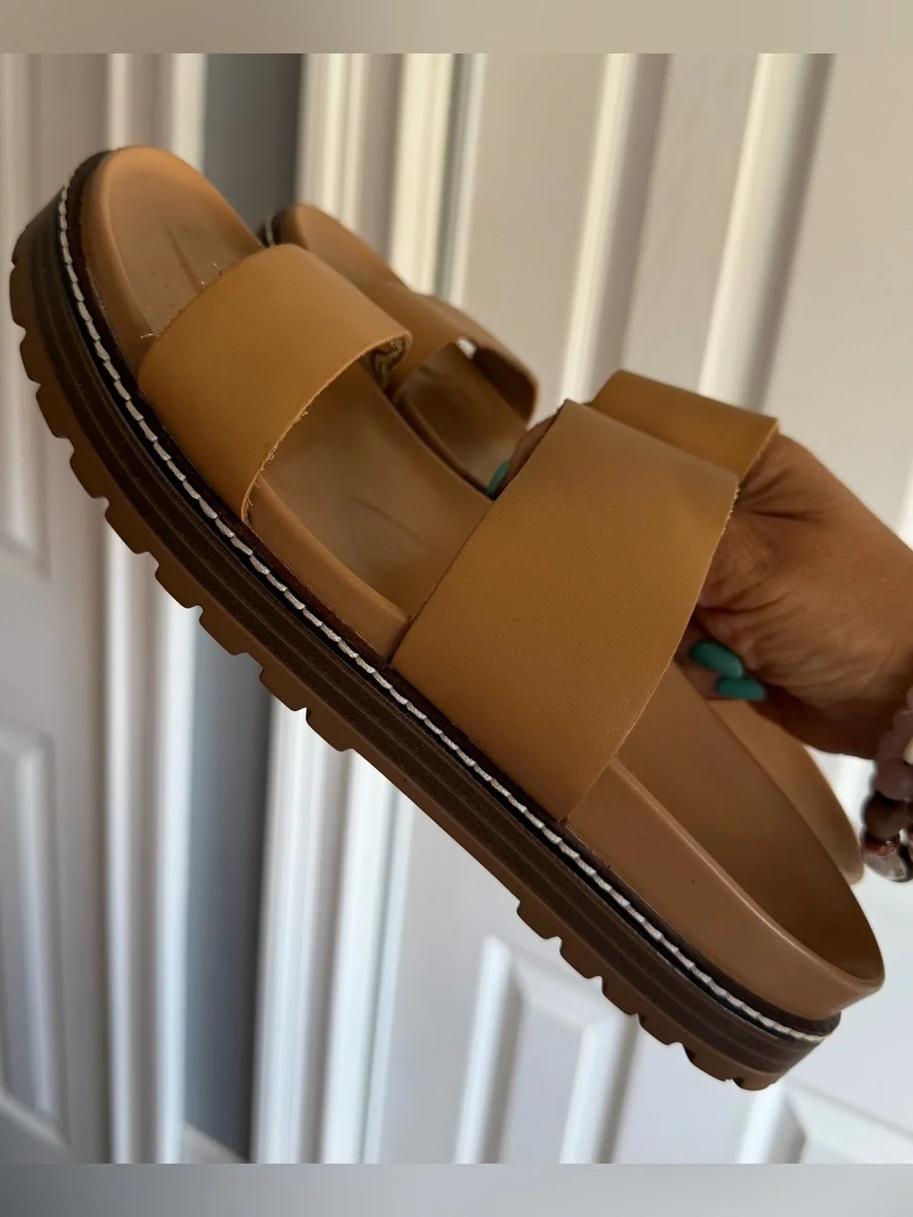 Madewell The Charley Double-Strap Camel Brown Leather Slide Sandals Size: 8.5